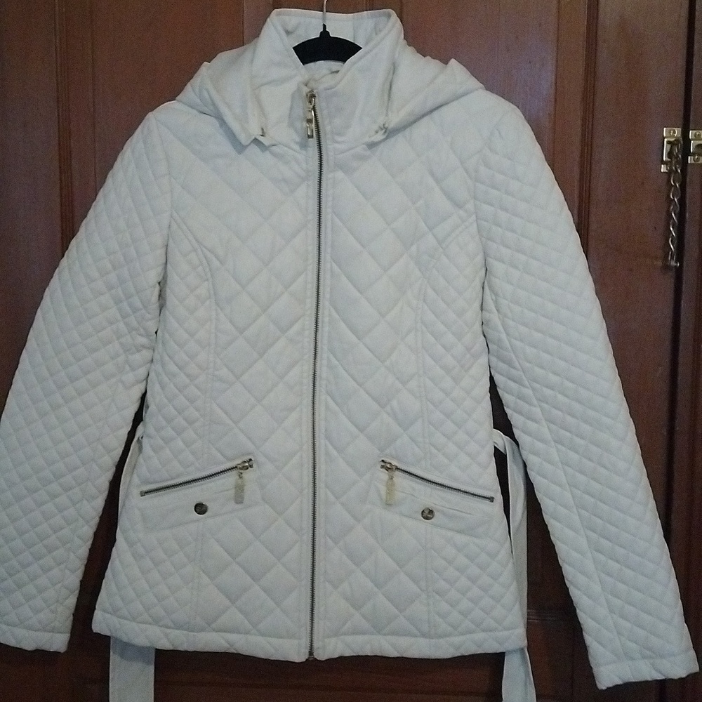 GUESS PU White Quilted Hooded Coat